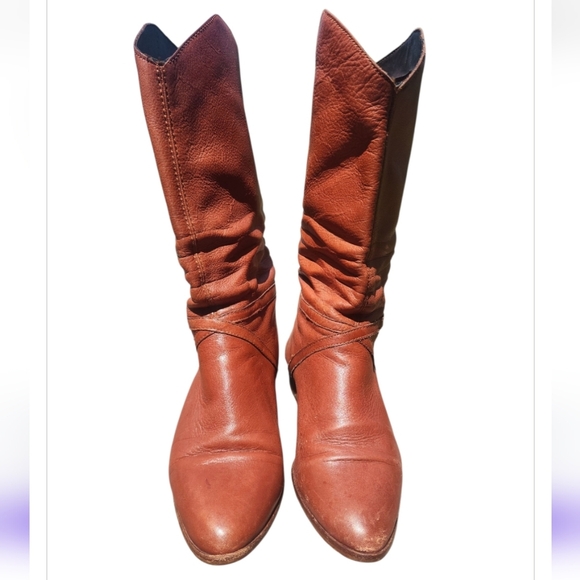 Vintage Terra Cotta Brown Tall Leather Boot Size 10 Small Strap Buckle Wood Heel - Picture 2 of 9
